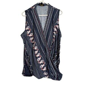 Suzanne Betro sleeveless V Neck Wrap Tunic Top Size 2x BLue Print